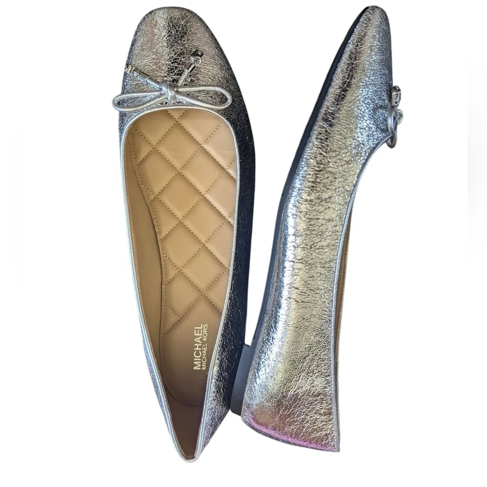 Michael Kors Metallic Silver Ballet Flats Bow Logo Size 11M New